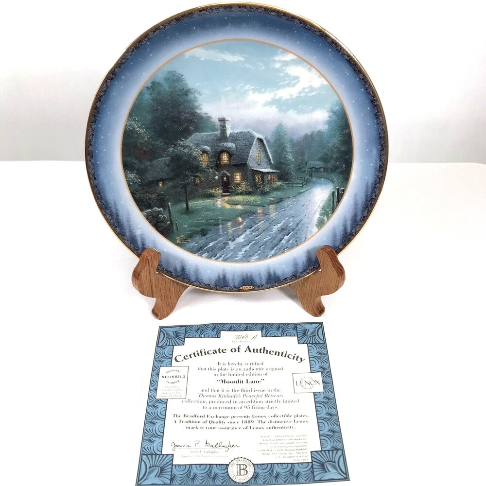 Thomas Kinkade Moonlit Lane Cottage Plate Bradford Exchange Lenox W/ Certificate